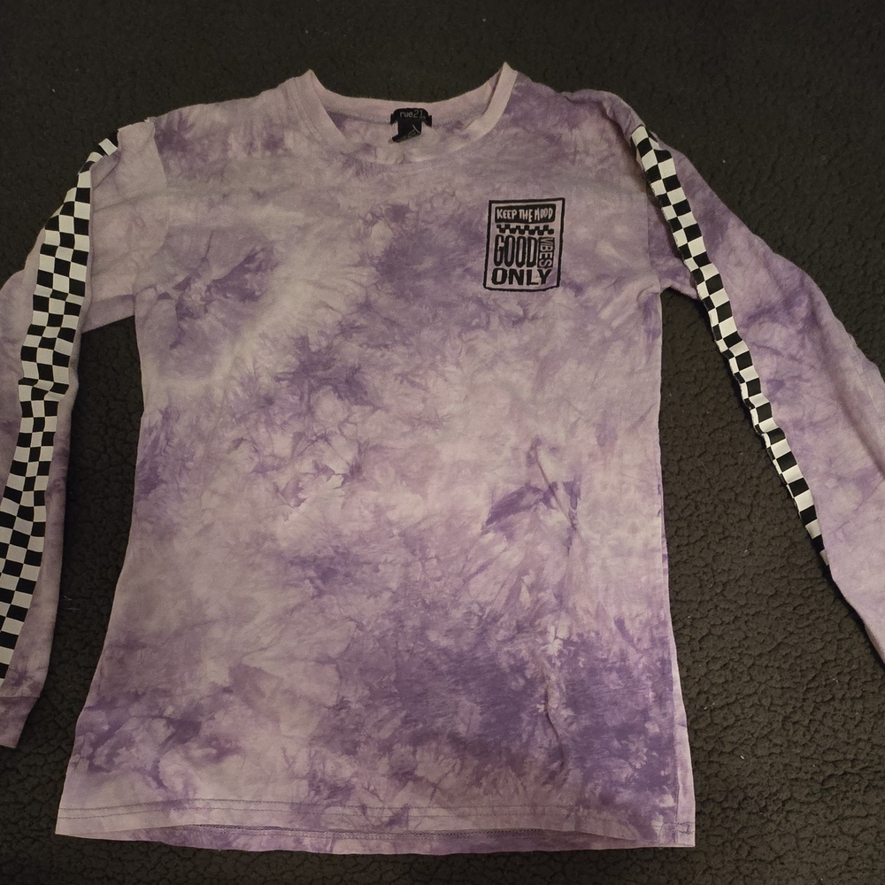 Rue21 Purple Tie-Dye Long Sleeve with Checkered Sleeves